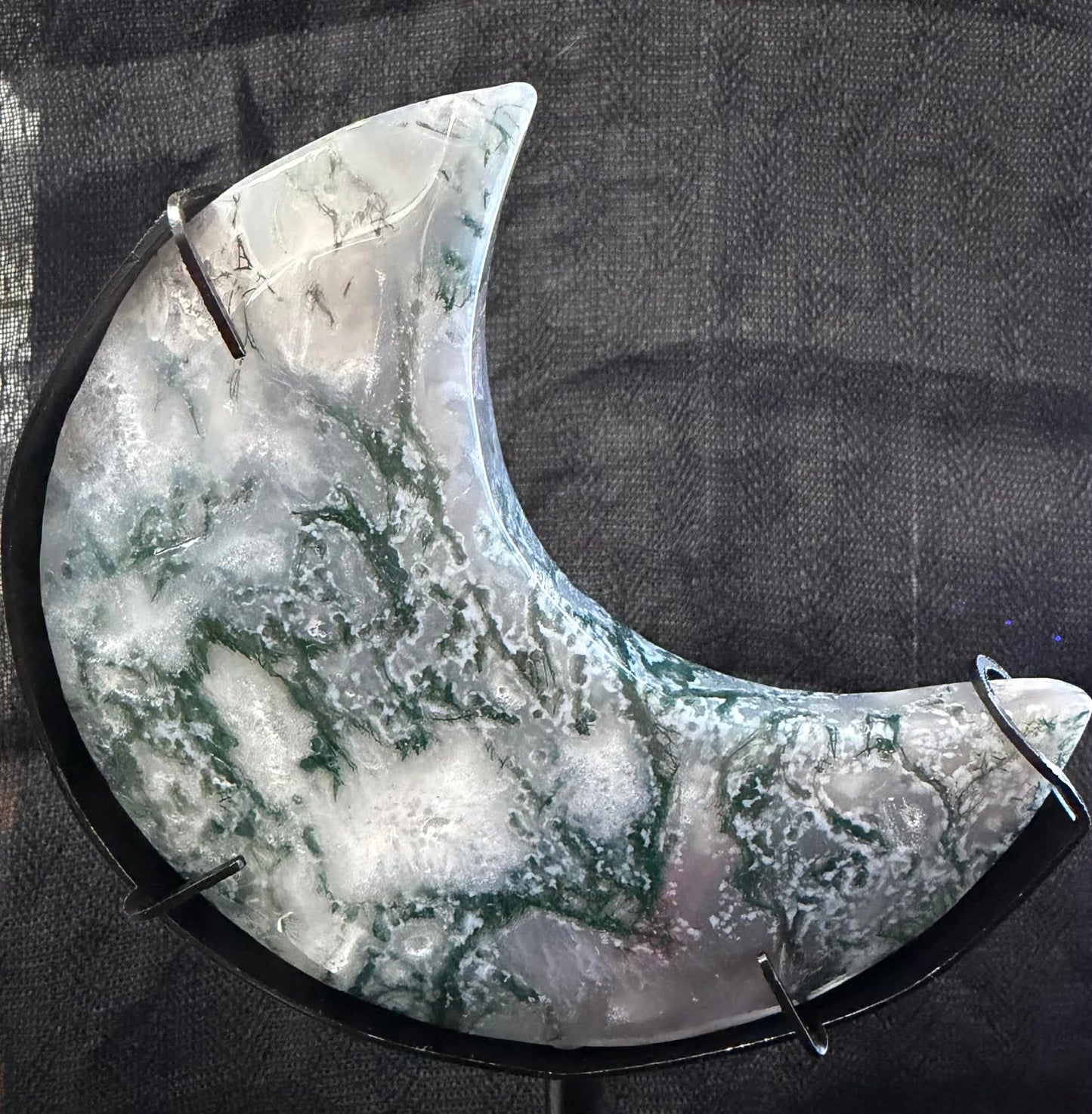 Moss Agate Moon on Stand