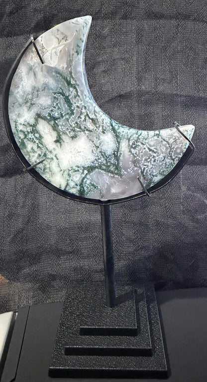 Moss Agate Moon on Stand