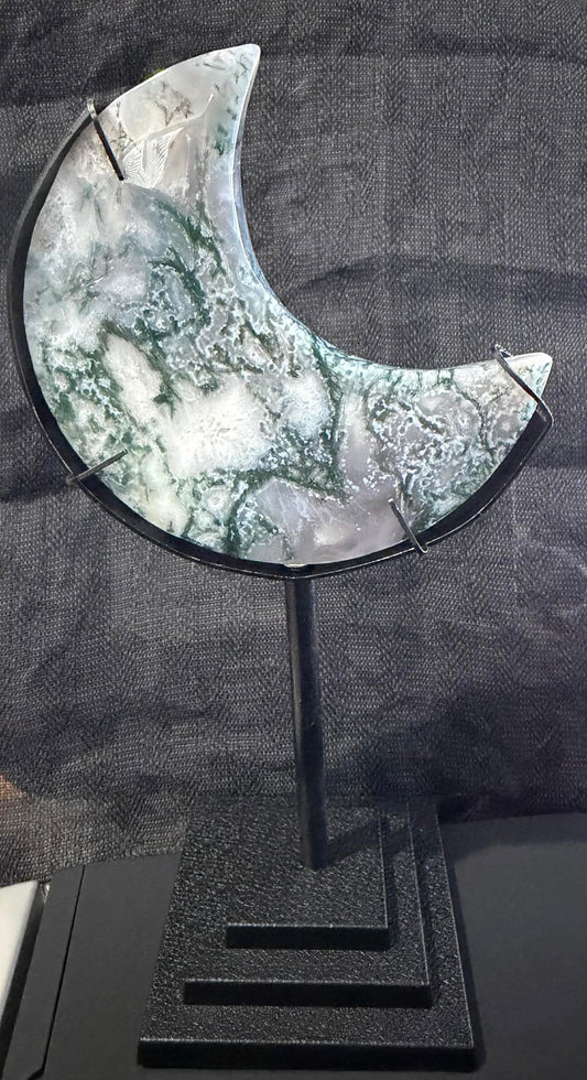 Moss Agate Moon on Stand