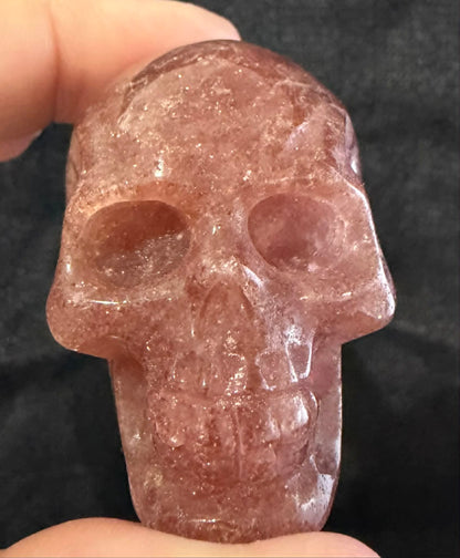 Larvikite & Strawberry Quartz Skull Carvings