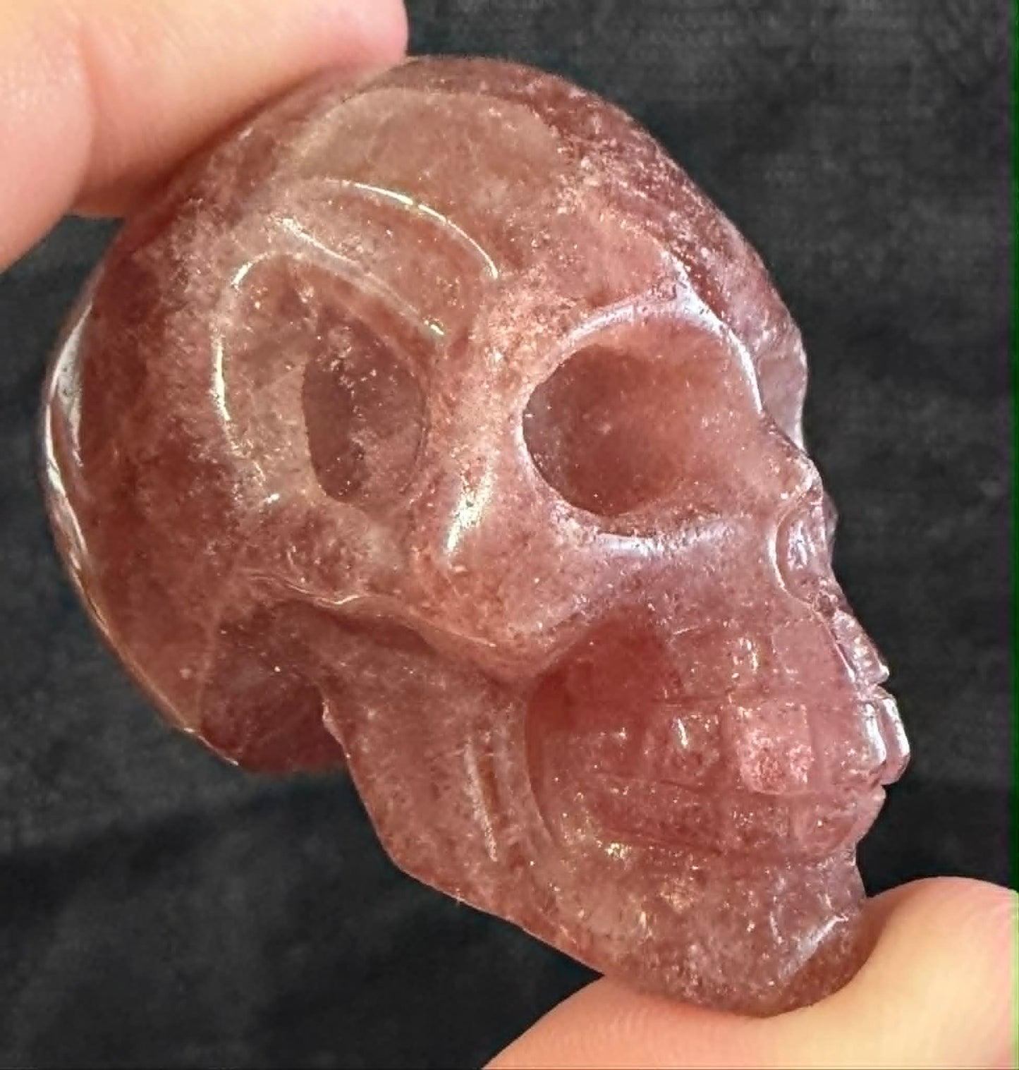 Larvikite & Strawberry Quartz Skull Carvings