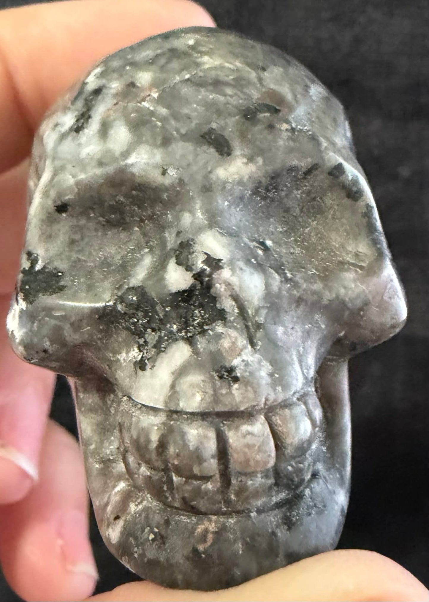 Larvikite & Strawberry Quartz Skull Carvings