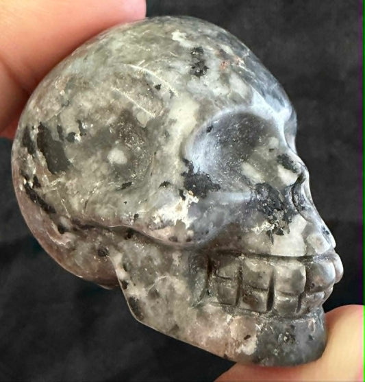 Larvikite & Strawberry Quartz Skull Carvings